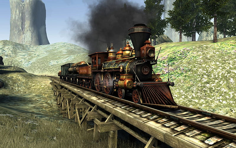Western Train, locomotion, railway, steam, bridge, HD wallpaper