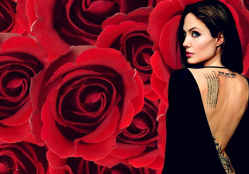 Angelina Jolie, red, rose, tattoo, black, by cehenot, woman, girl, actress, flower, HD wallpaper