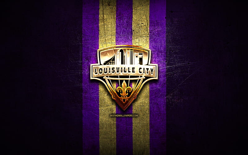 Louisville City FC, golden logo, USL, violet metal background, american soccer club, United Soccer League, Louisville City logo, soccer, USA, HD wallpaper