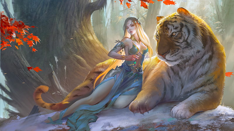 Fantasy Girl With Tiger, fantasy-girls, artwork, digital-art, behance, tiger, HD wallpaper