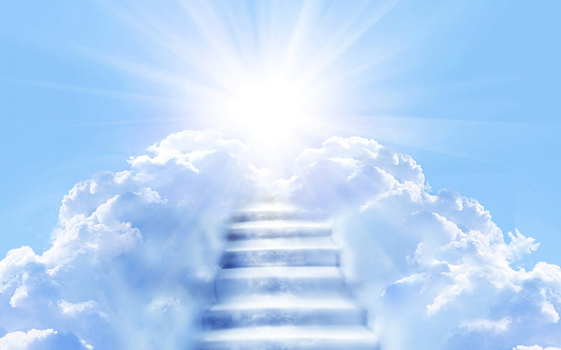 Heaven, sun, cloud, stairs, white, sky, blue, HD wallpaper