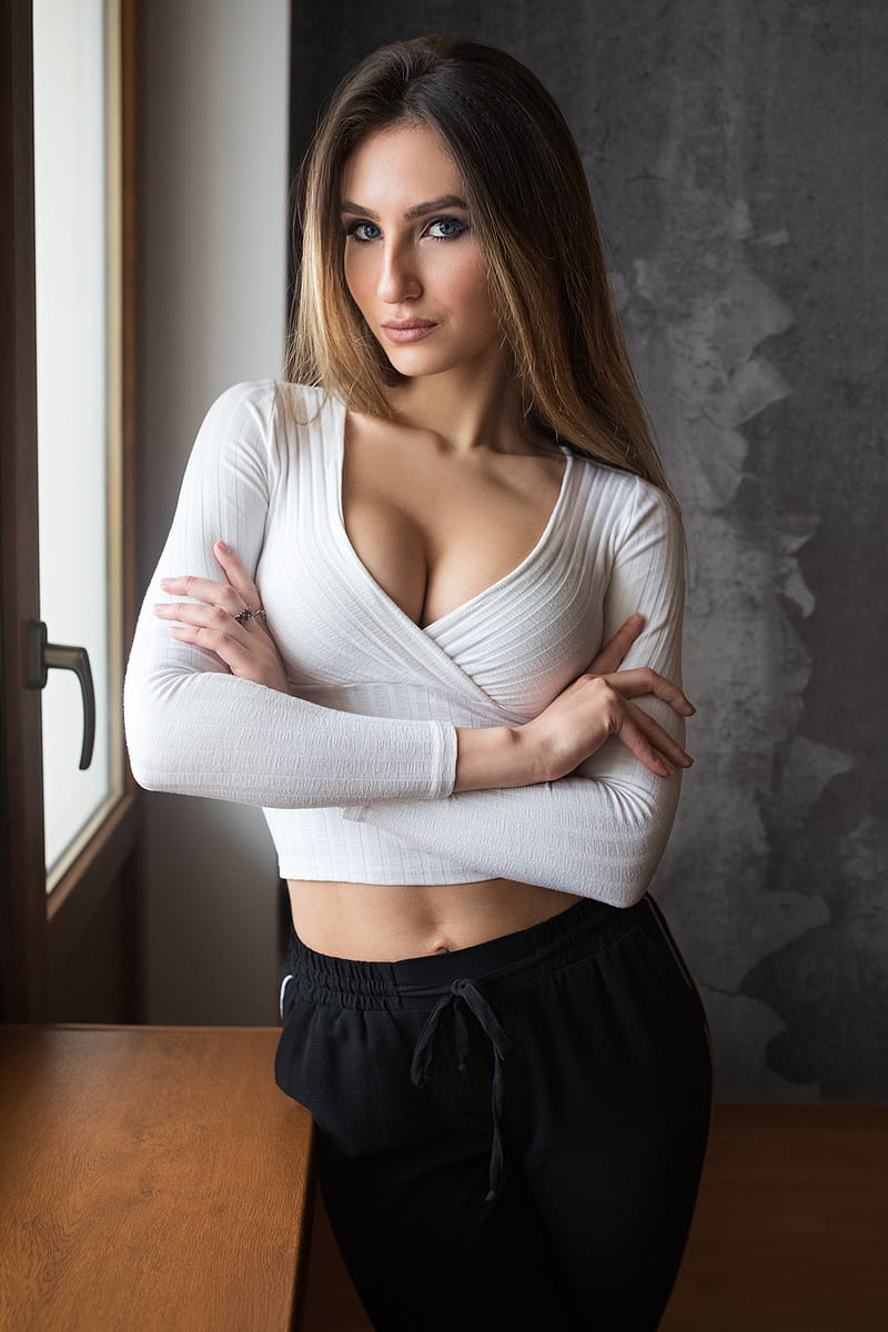 Dmitry Sn, women, Ombre Hair, long hair, straight hair, blue eyes, looking at viewer, make up, eyeliner, lipstick, cleavage, blouse, white clothing, belly, pants, black clothing, arms crossed, jewelry, rings, makeup, Dmitry Shulgin, HD phone wallpaper