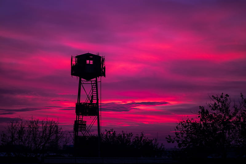 Watchtower, watchtower, graphy, colorful, sunset, landscape, HD wallpaper