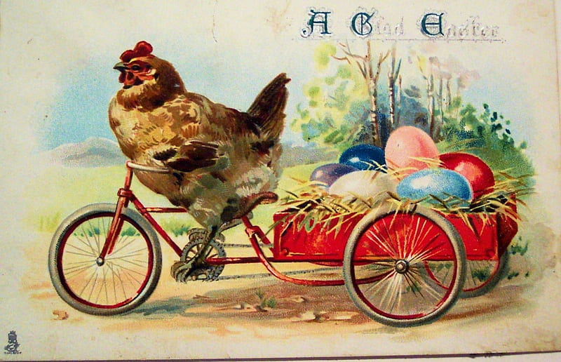 A Glad Easter, hen, painting, cart, eggs, bike, artwork, HD wallpaper