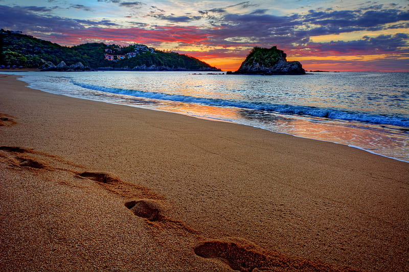 Sea Sunset, beach, sand, footsteps, sunset, sea, HD wallpaper