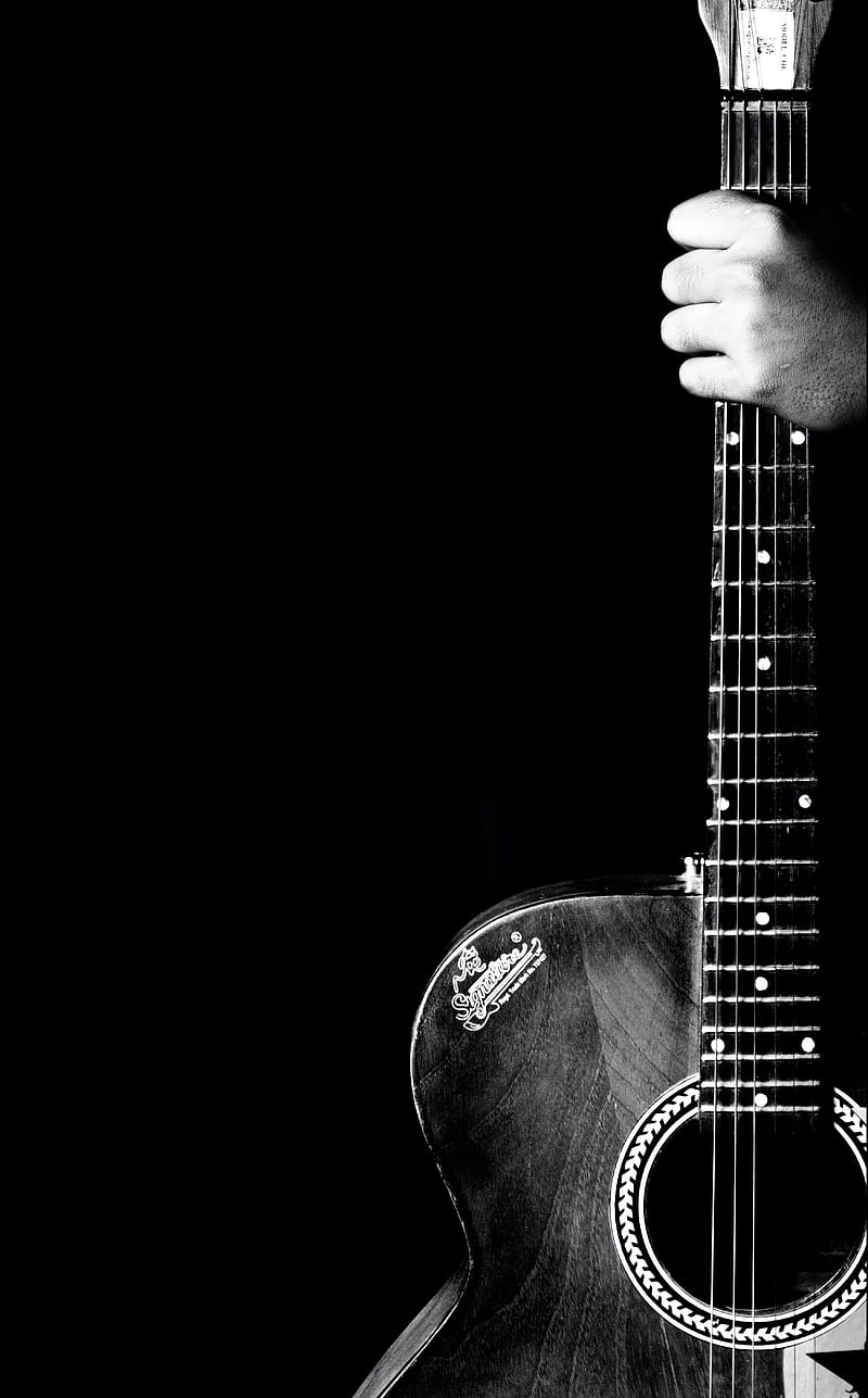 acoustic guitar, guitar, hand, musical instrument, music, black and white, HD phone wallpaper