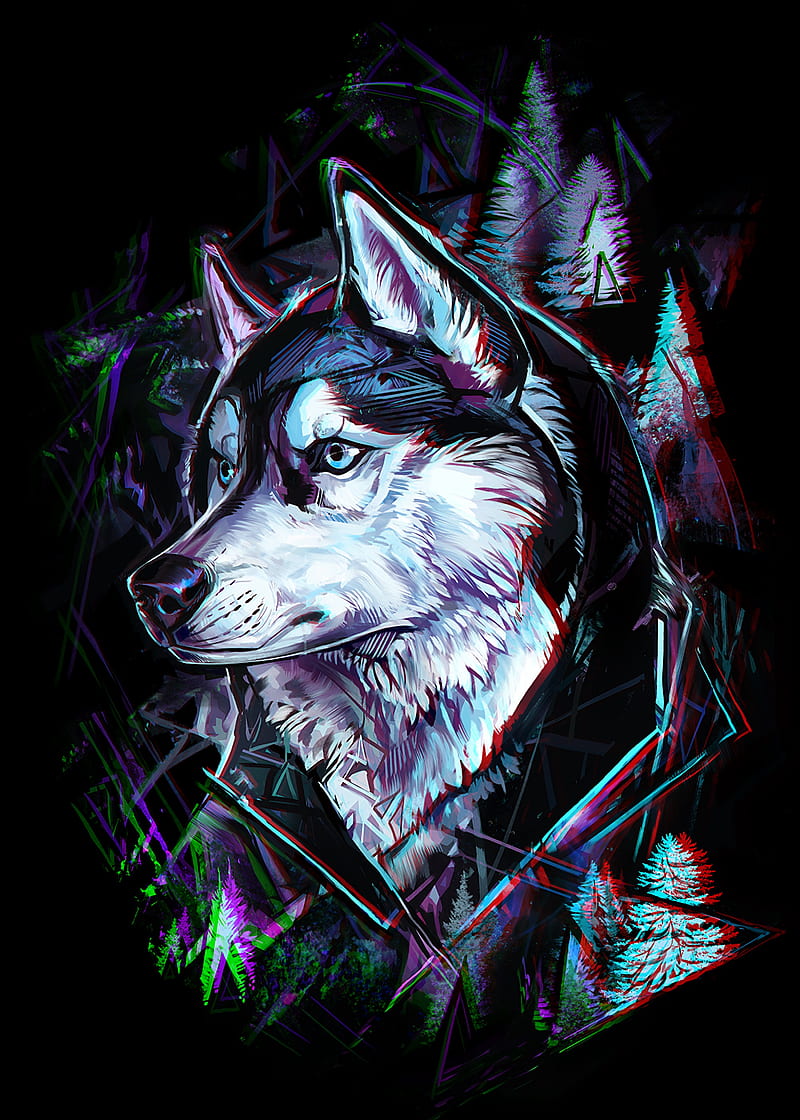 wolf, art, glitch, head, trees, lines, HD phone wallpaper