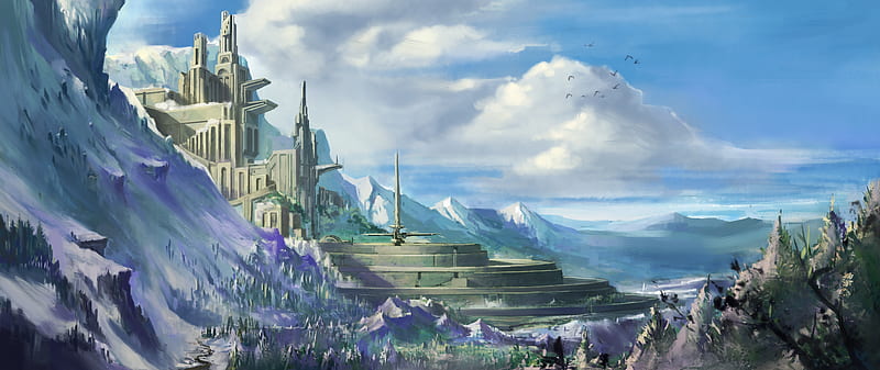 Castle, art, fantasy, cloud, game, white, sky, blue, HD wallpaper