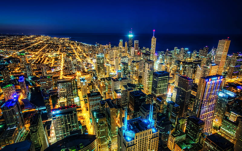 Chicago, nightscapes, modern buildings, american cities, Illinois, America, Chicago at night, USA, City of Chicago, Cities of Illinois, HD wallpaper