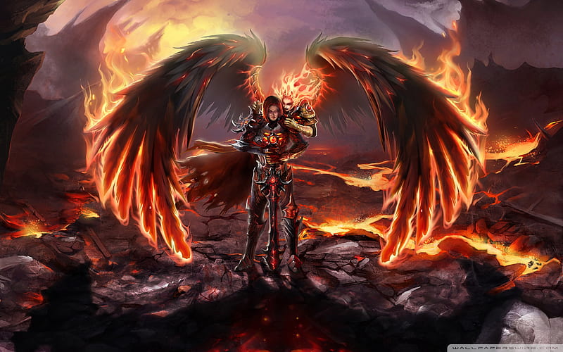 Inferno, stunning, fiery, cg, hell, might and magic heroes, magic, wing, fantasy, sword, super, fighting, brave, man, adventure, fire, devil, enemy action, evil, video game, power, hot, fire wings, male, angel, heroes of might and magic, armor, warrior, heroes, girl, dark, HD wallpaper