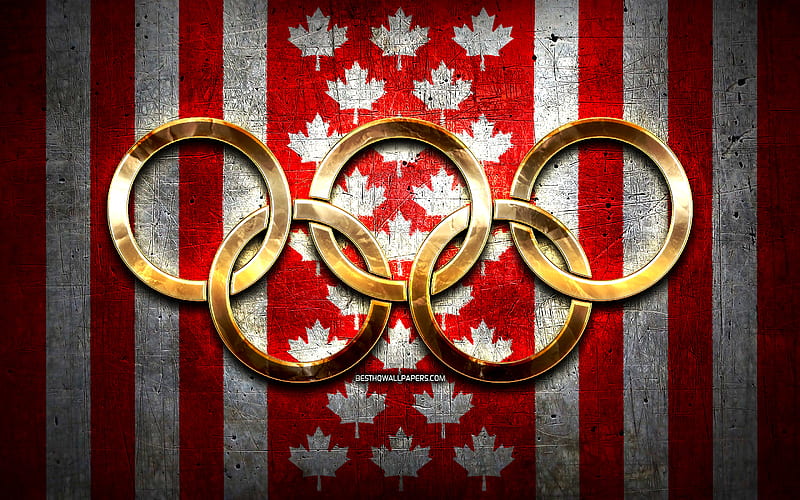 Canadian olympic team, golden olympic rings, Canada at the Olympics, creative, Canadian flag, metal background, Canada Olympic Team, flag of Canada, HD wallpaper