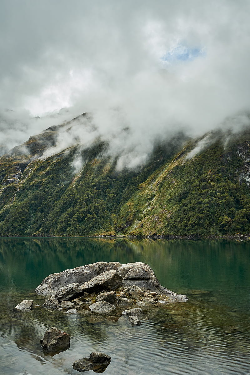 lake, fog, rocks, mountain, stone, new zealand, HD phone wallpaper