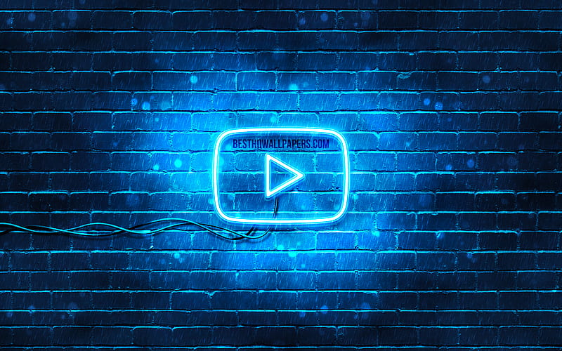 Youtube blue logo blue brickwall, Youtube logo, brands, Youtube neon logo, Youtube, HD wallpaper