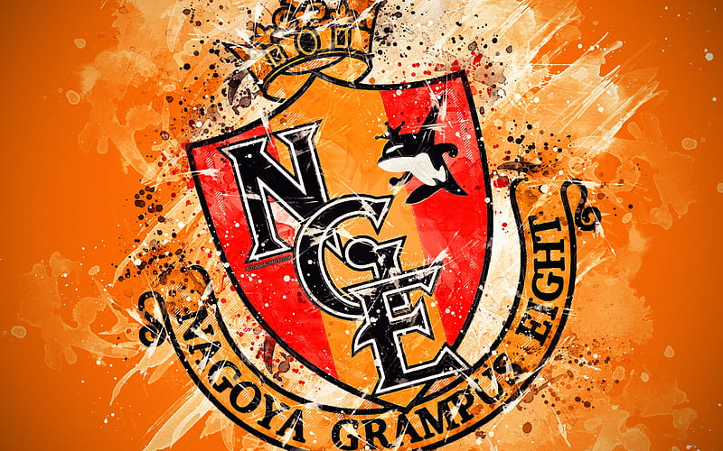 Nagoya Grampus paint art, logo, creative, Japanese football team, J1 League, emblem, orange background, grunge style, Nagoya, japan, football, HD wallpaper
