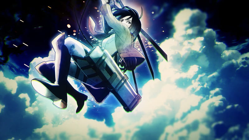 Shingeki no Kyojin - Mikasa Ackerman, falling, titan, sasha, attack on titan, anime, tittan, jump, attack, blue, armin, sky, shingeki no kyojin, mikasa, ackerman, dark, awesome, eren, HD wallpaper