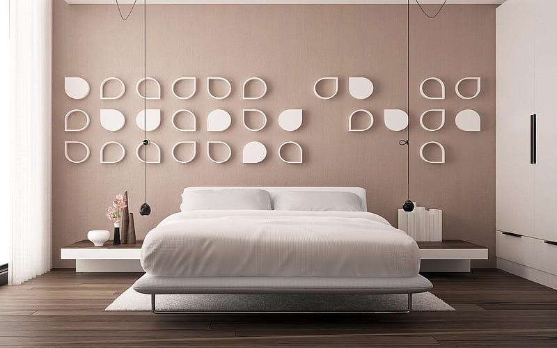 stylish interior design, bedroom, large bed, modern interior, brown bedroom, HD wallpaper