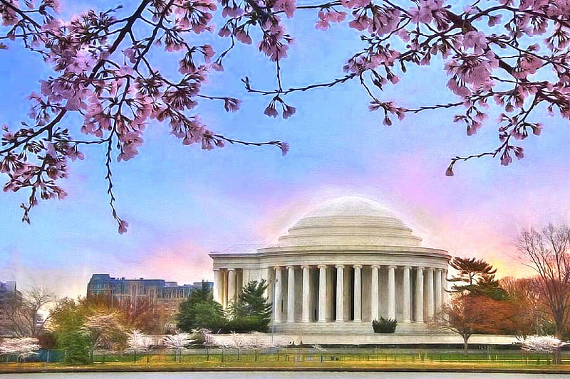 Jefferson Memorial, architecture, monuments, love four seasons, spring, attractions in dreams, graphy, flowers, nature, pink, HD wallpaper