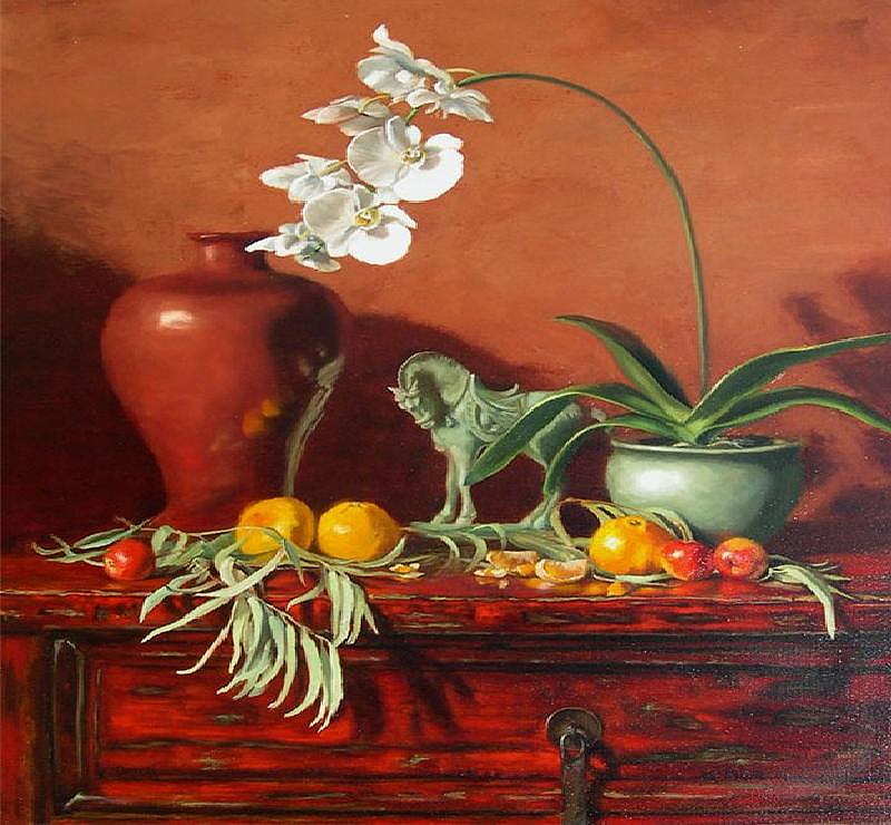 Moth Orchids, table, fruits, vase, pot, horse, orchids, statue, painting, wooden, HD wallpaper