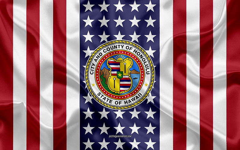 Honolulu Seal silk texture, American Flag, USA, Honolulu, Hawaii, American City, Seal of the Honolulu, silk flag, HD wallpaper