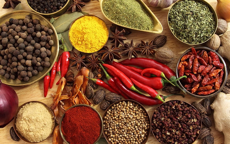 Spices, red, food, ginger, walnut, spice, pepper, garlic, HD wallpaper