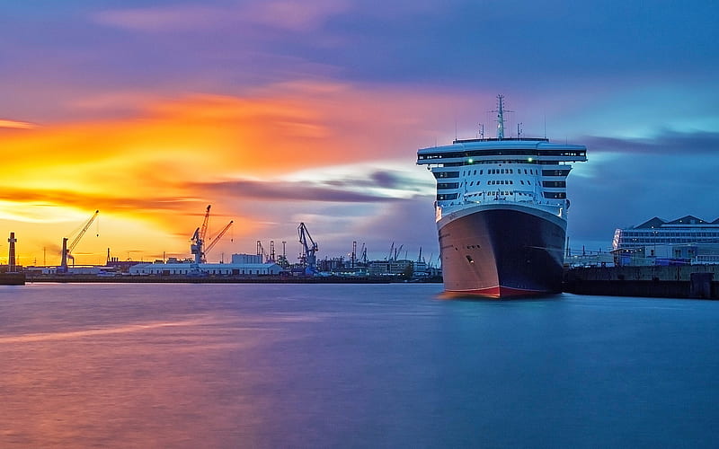 Queen Mary 2, sunset, cruise ship, port, HD wallpaper