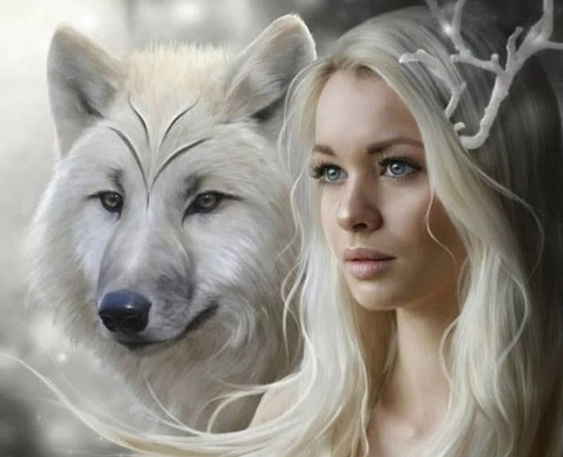 white wolves, art, fantasy, nature, collages, white, wolves, HD wallpaper