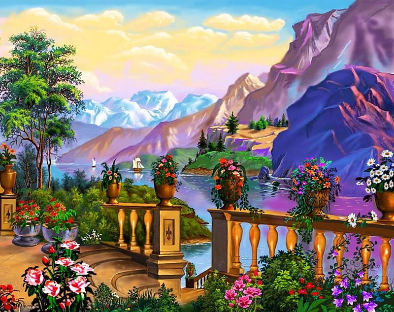Riverside, veranda, pots, boats, mountains, painting, flowers, artwork, HD wallpaper