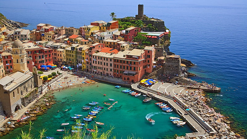 Vernazza, architecture, La Spezia, marina, fishing village, Italy, ocean, Italian Riviera, port, sea, boats, water, marine, HD wallpaper