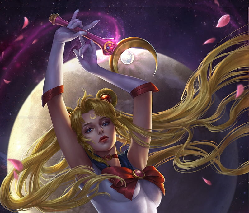 Sailor Moon, fefo chen, frumusete, moon, luminos, wind, blonde, manga, hair, fantasy, girl, anime, petals, pink, tals, HD wallpaper