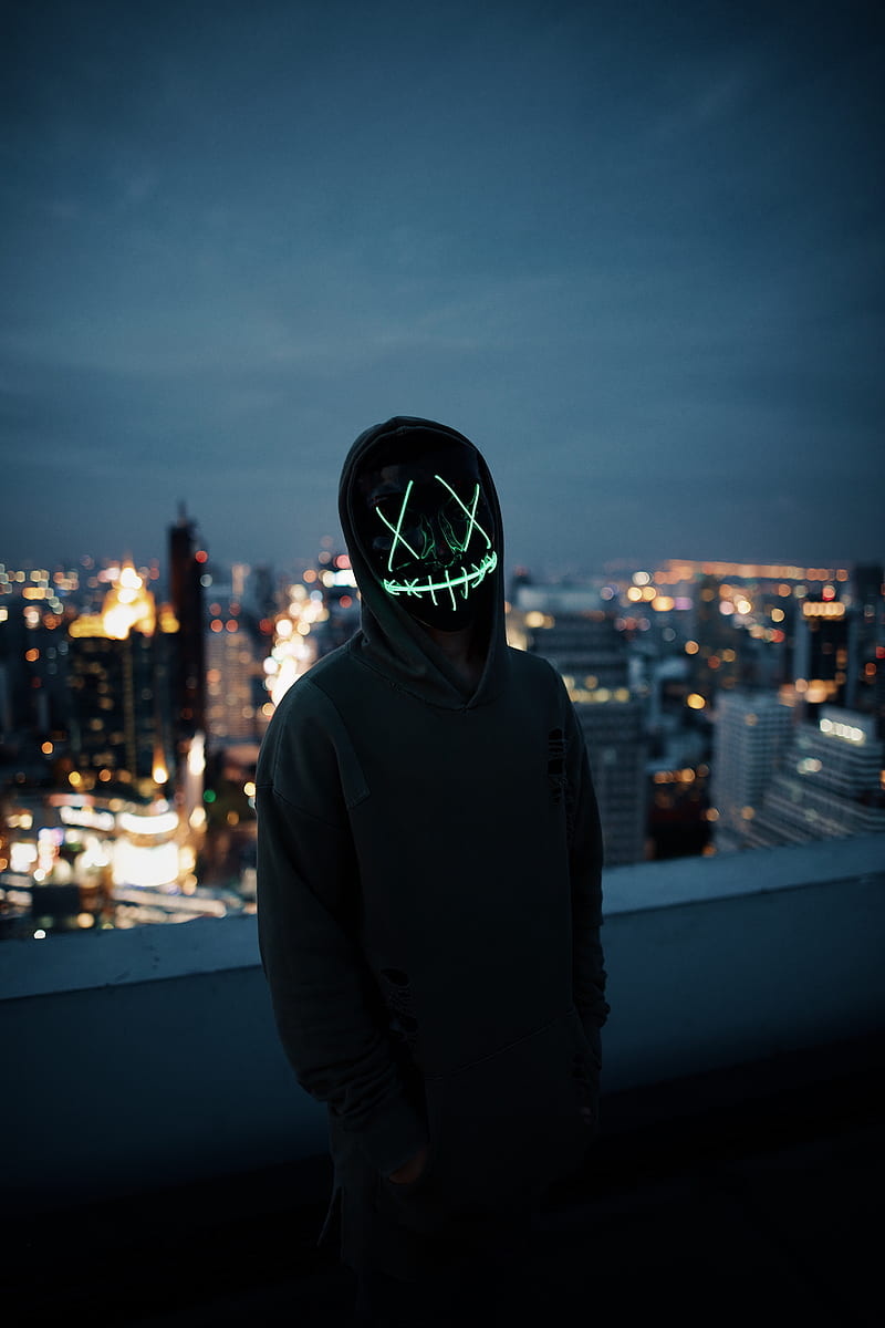 x x mask, cityscape, hoodie, anonymous, HD phone wallpaper