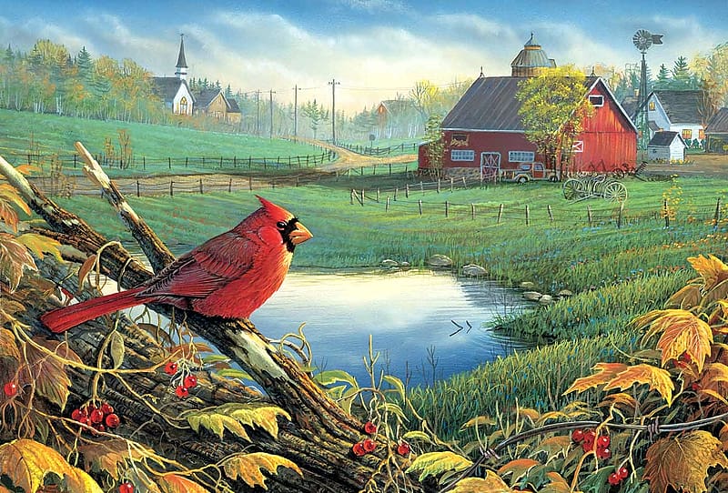 Farmland Visitor, autumn, pond, tree, bird, house, branches, cardinal, artwork, leaves, village, painting, HD wallpaper