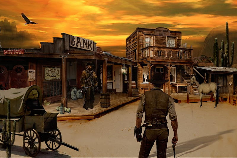 Caught Red Handed, Marshal, West, Town, Bank, Eagle, Golden, Beautiful Sky, Cowboys, Caught, Horse, Waiting, Cactus, Painting, Saloon, Money, Wagon, HD wallpaper