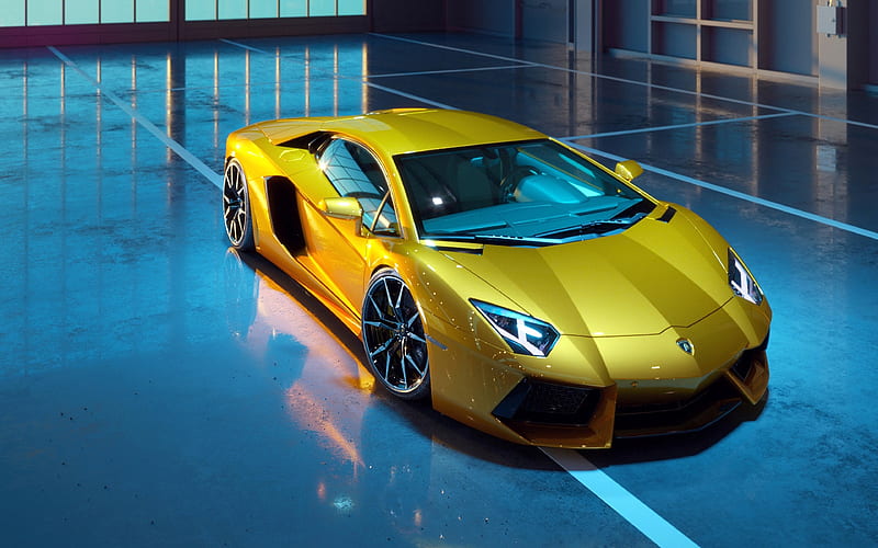 Lamborghini Aventador parking, supercars, yellow Aventador, italian cars, Lamborghini, HD wallpaper