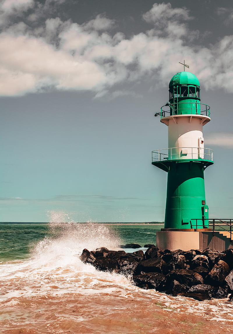 lighthouse, building, sea, rocks, surf, HD phone wallpaper