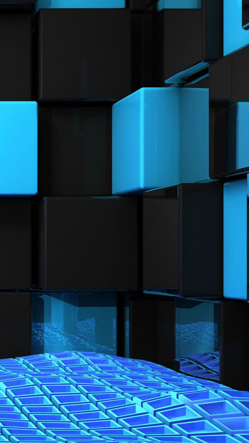 abstract squares, black, blocks, blue, wall, HD phone wallpaper