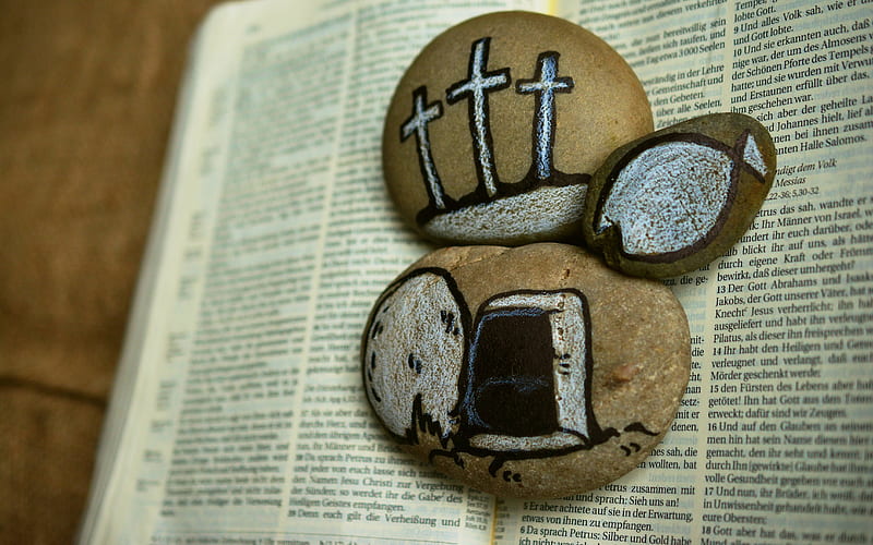 Bible and Easter, rocks, tomb, fish, Bible, crosses, Jesus, HD wallpaper
