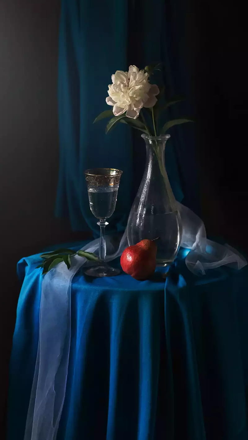 Blue table, decoration, flower, fruit, portrait, vase, white flower, wine, HD phone wallpaper