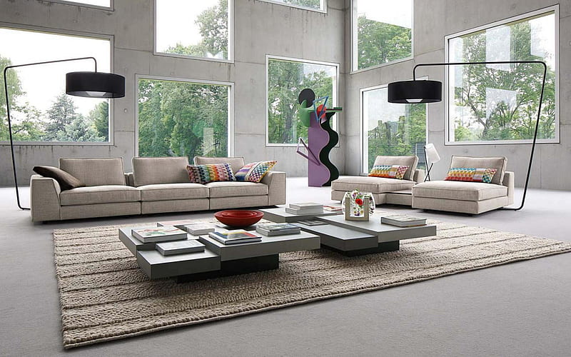 living room, loft style, concrete gray walls, modern interior design, loft living room projects, stylish interiors, HD wallpaper