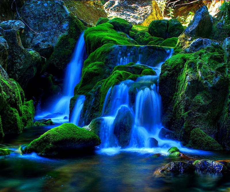 Waterfalls, rocks, moss, water, Blue water, HD wallpaper