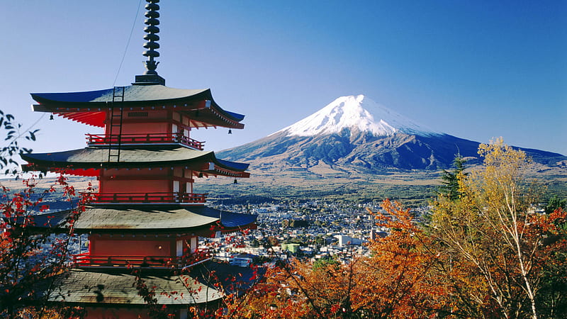 Fujiyoshida, graph, view, buildings, town, trees, sky, building, mountain, japan, nature, HD wallpaper