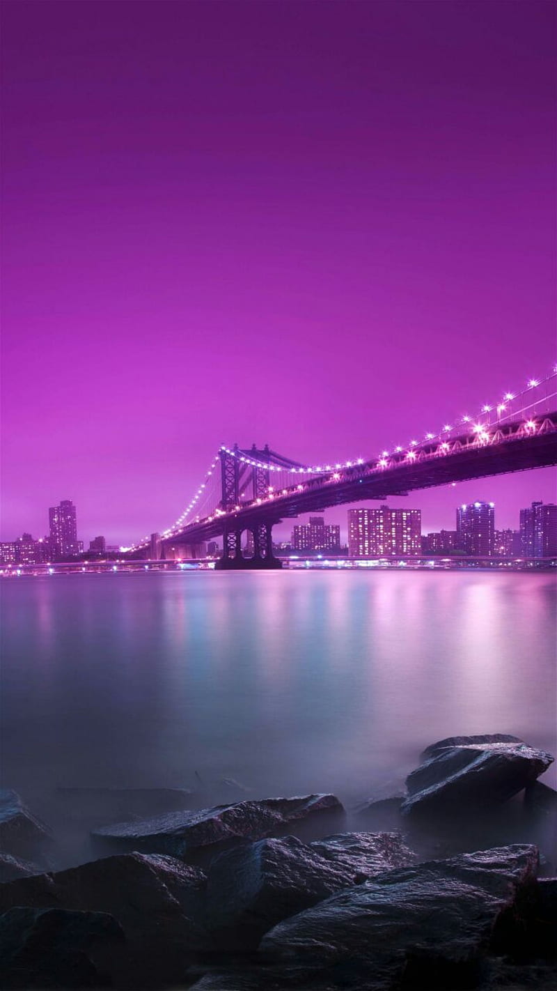 Bridge, pink, purple, screen, sunset, HD phone wallpaper