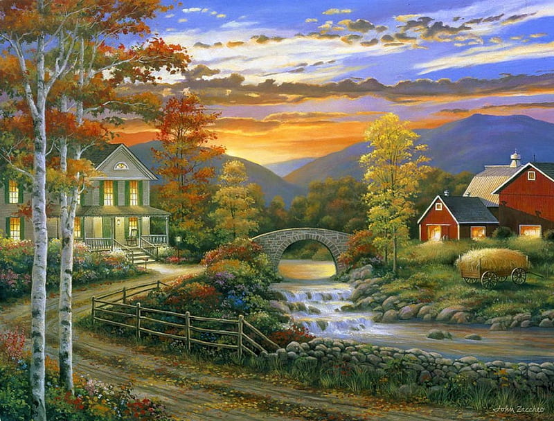Autumn barn, fall, pretty, autumn, house, bonito, sunset, foliage, barn, countryside, farm, nice, calm, bridge, painting, village, river, art, quiet, lovely, creek, sky, tree, serenity, peaceful, HD wallpaper