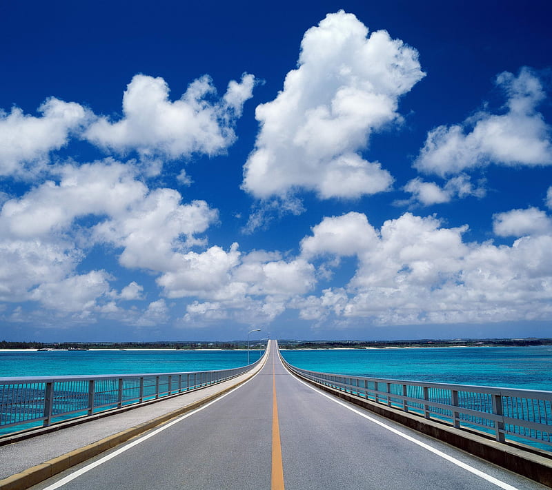 road, blue, clouds, sea, sky, HD wallpaper