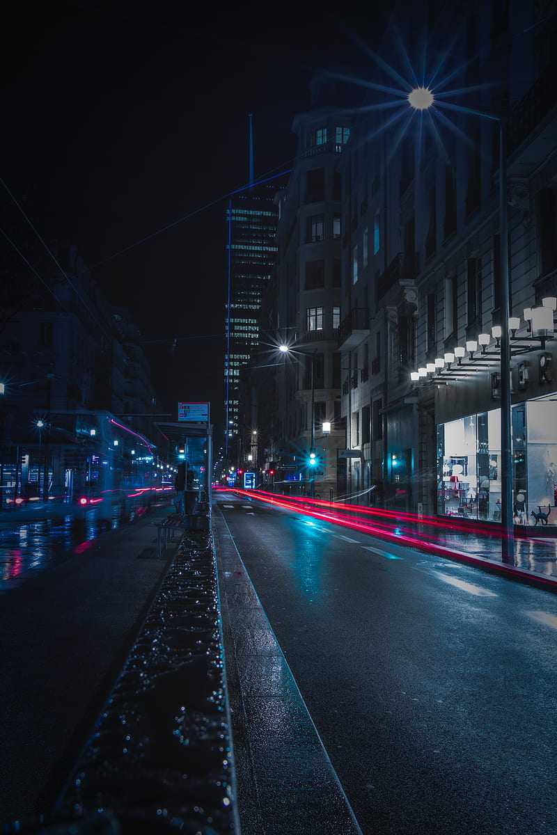night city, road, buildings, lighting, HD phone wallpaper