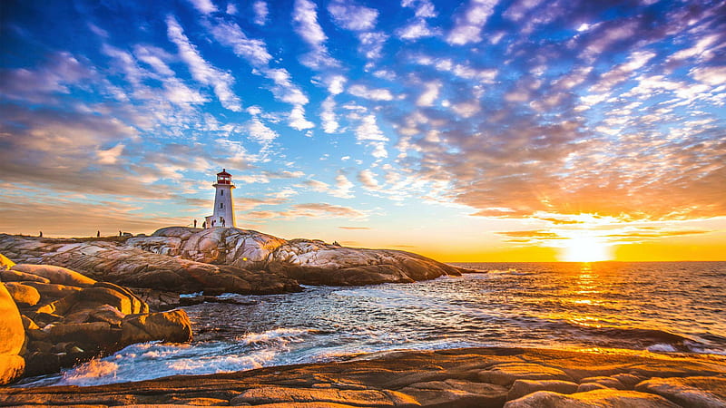 Peggys Cove Lighthouse, New England, sky, sea, coast, sun, colors, clouds, HD wallpaper
