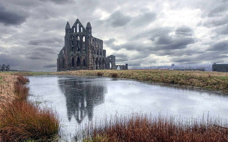 whitby abbey ruins by a pond r, pond, grass, ruins, r, clouds, abbey, HD wallpaper