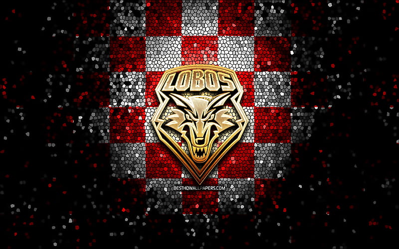 New Mexico Lobos, glitter logo, NCAA, red white checkered background, USA, american football team, New Mexico Lobos logo, mosaic art, american football, America, HD wallpaper