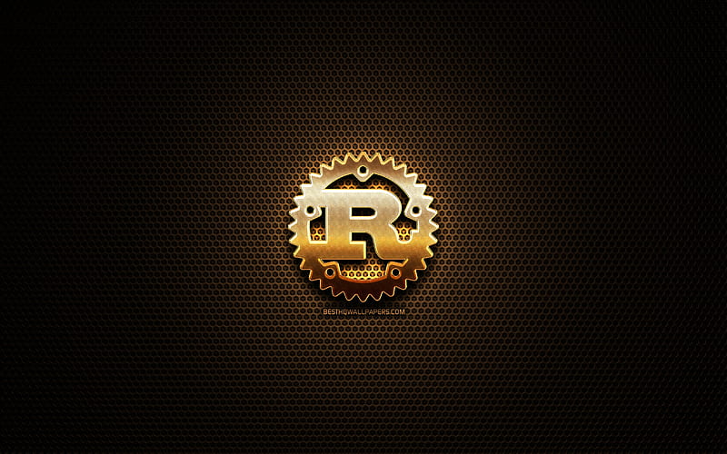 Rust glitter logo, programming language, grid metal background, Rust, creative, programming language signs, Rust logo, HD wallpaper