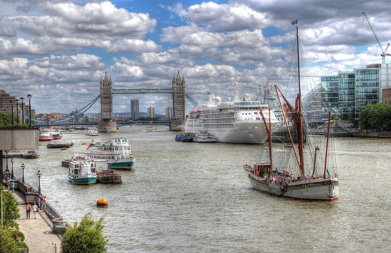 London Harbor, Cityscapes, London, Clouds, Bridges, Harbors, Boats, Rivers, Nature, HD wallpaper
