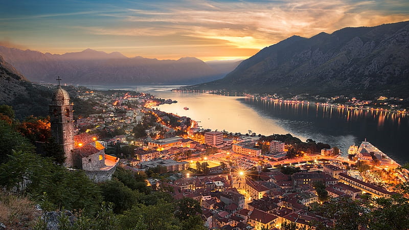 lovely coastal town of kotor in montenegro, mountain, town, sunset, church, coast, lights, HD wallpaper